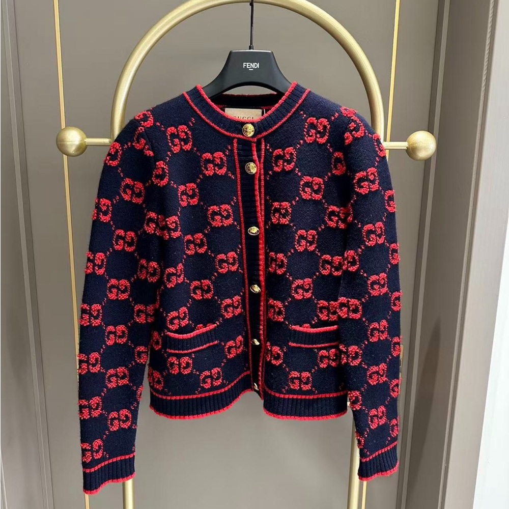 Authentic Gucci Navy & Red GG Jacquard Cardigan Jacket